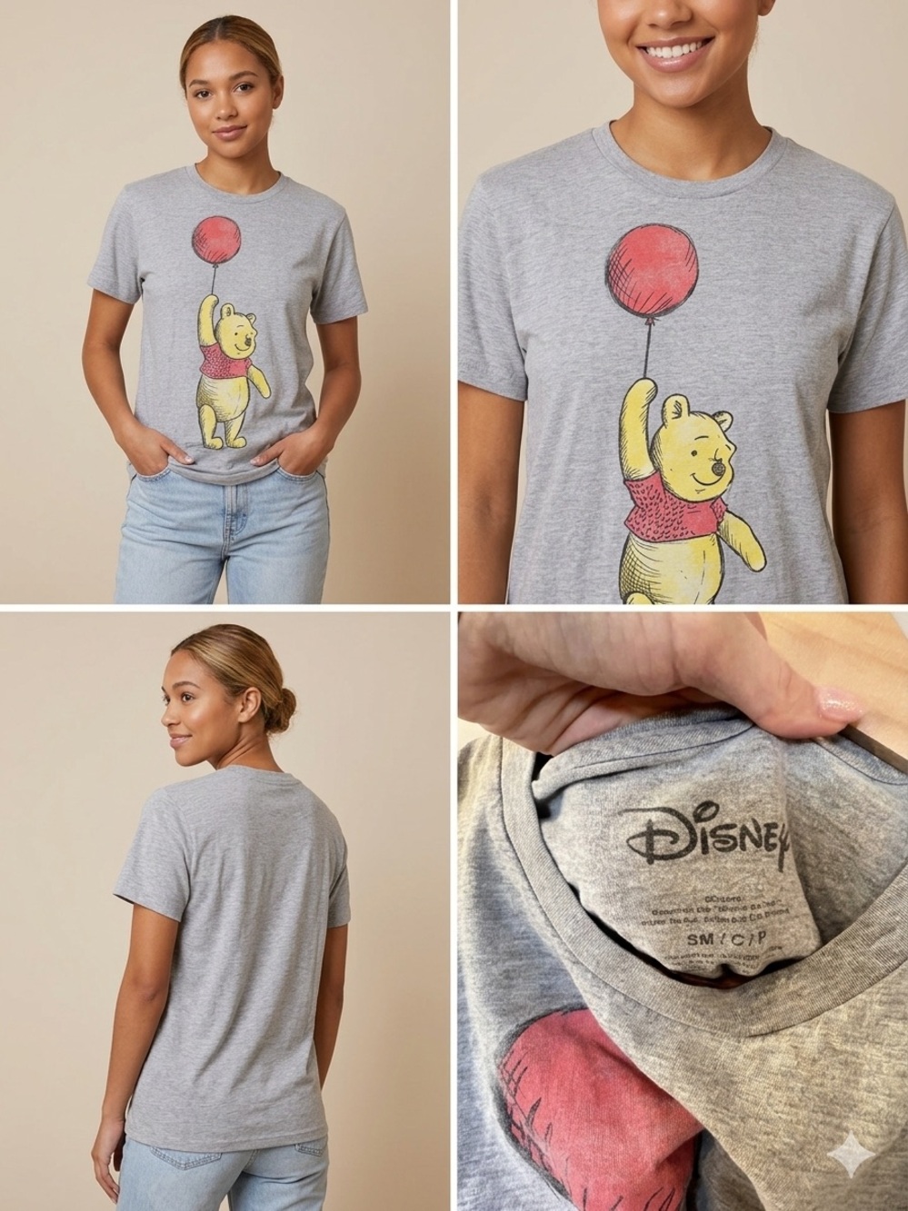 Disney Winnie the Pooh Balloon Graphic Tee Women’s Small Gray Shirt - Picture 2 of 5